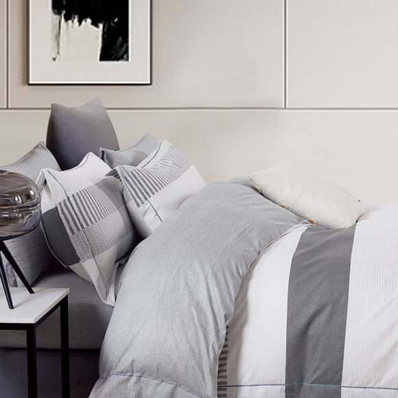 Reversible Comforter Set Gray White Striped Modern Minimalist Contemporary - Picture 2 of 3